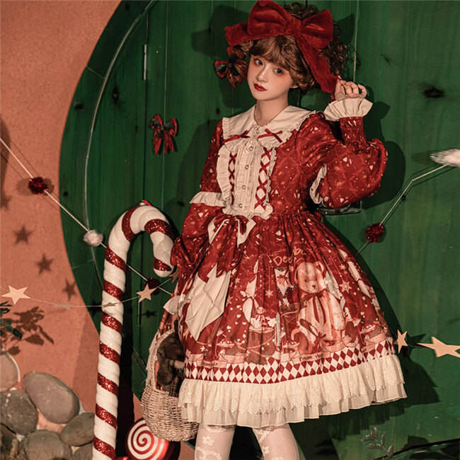 Sweet Bear Gift House Christmas Lolita Dress One Pieces, Cape