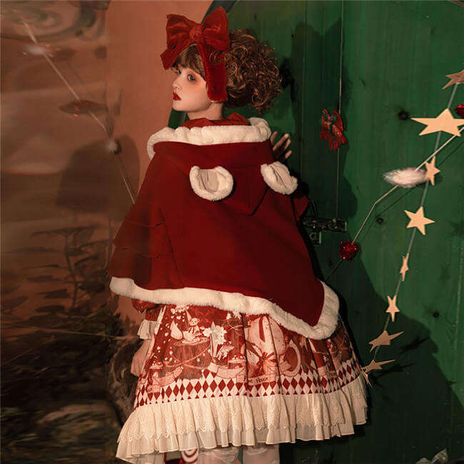 Sweet Bear Gift House Christmas Lolita Dress One Pieces, Cape