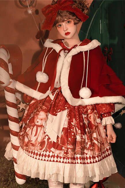 Sweet Bear Gift House Christmas Lolita Dress One Pieces, Cape