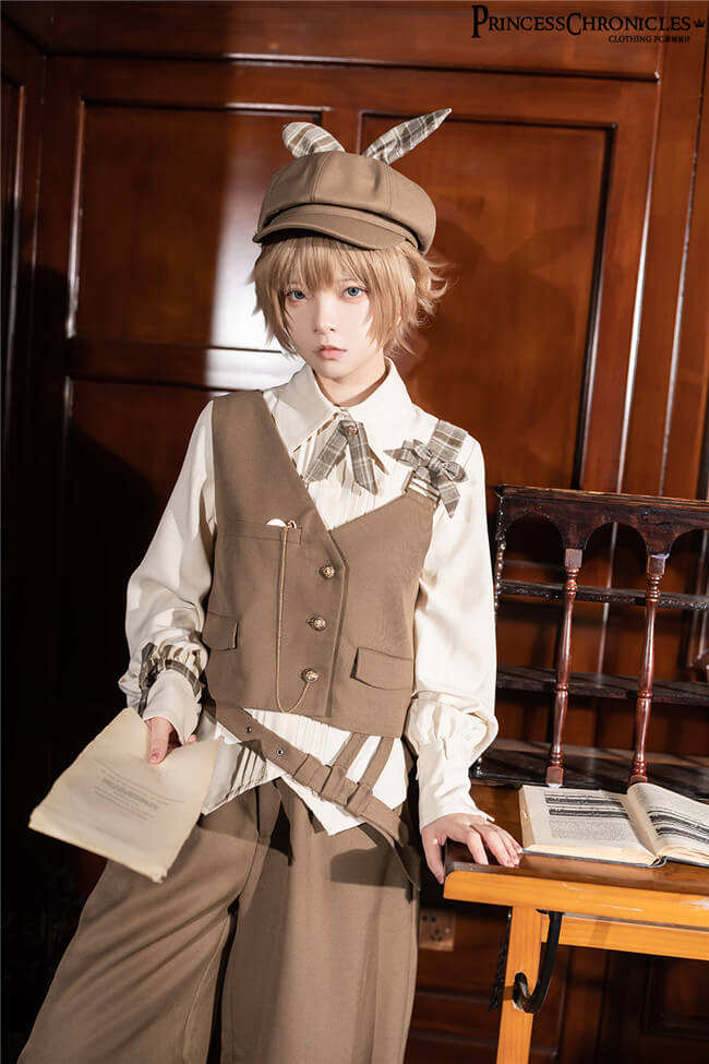 The Secret Morning Post Vest, Pants, Blouse and Hat - Brown Ouji Fashion