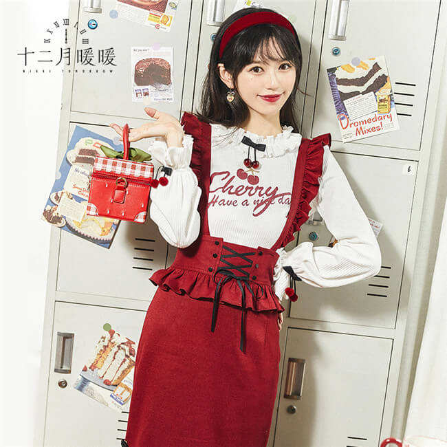 Cherry Red High Waist Skirt and Blouse