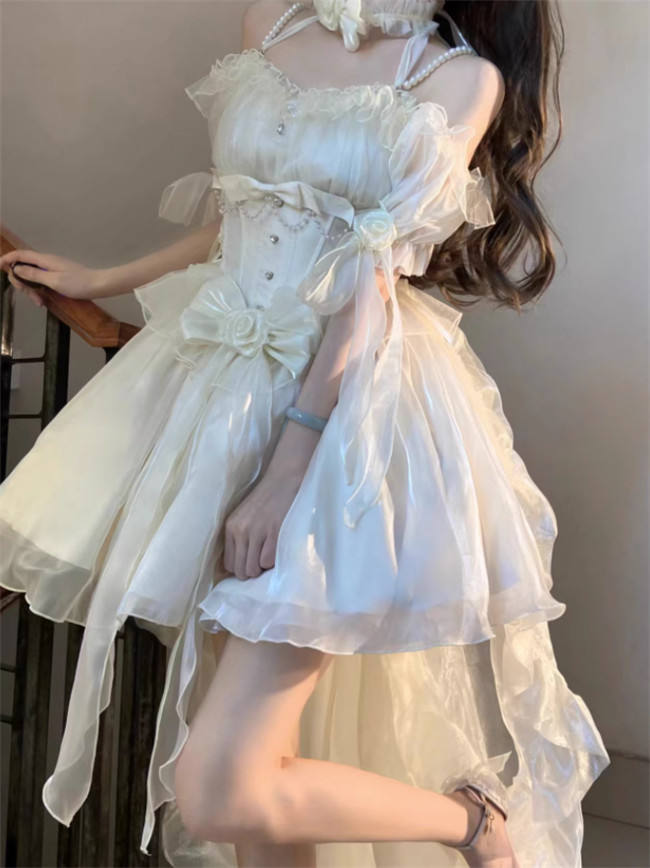 Meowing and Fruity Blue Flower Wedding Dress Classic Lolita Dress Short Version