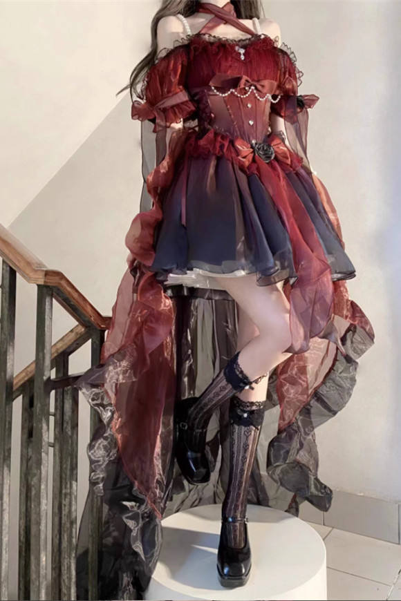 Meowing and Fruity Blue Flower Wedding Dress Classic Lolita Dress Short Version