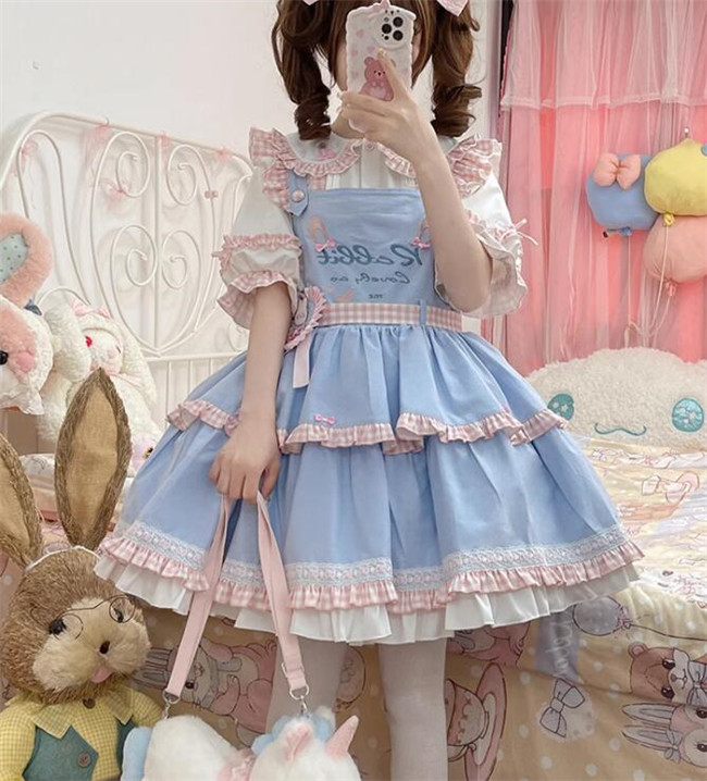 Denim Embroidery Sweet Lolita Salopette 2 Wear Ways