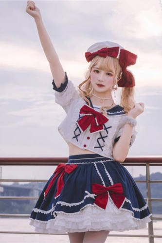 Basic Navy Collar Sailor Suit Student Girl Lolita OP, Top and Skirt
