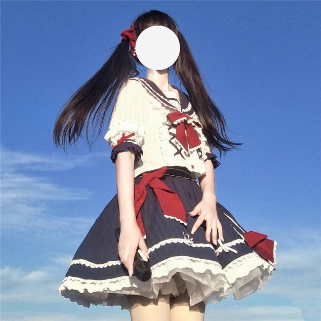 Basic Navy Collar Sailor Suit Student Girl Lolita OP, Top and Skirt