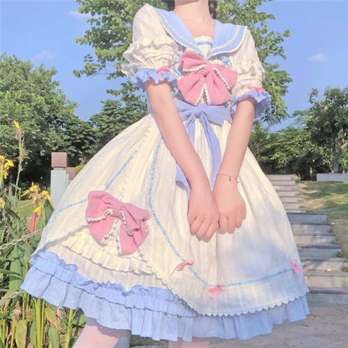 Basic Navy Collar Sailor Suit Student Girl Lolita OP, Top and Skirt