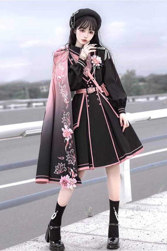 Pink Sakura Military Lolita Dress and Cape