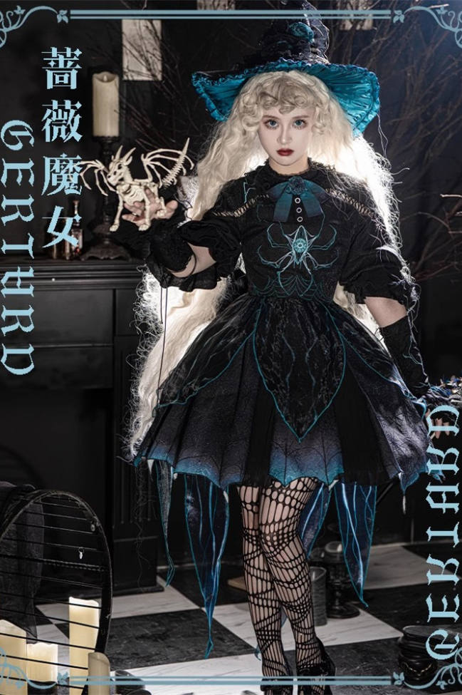 Rose Witch Halloween Lolita Dress, Wristcuffs and Hat