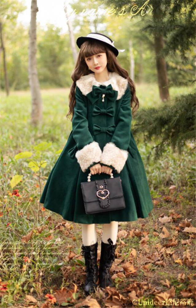 Sweet A-shaped Lolita Long Coat  Dark Green S - In Stock