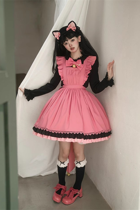 Girl Japanese Lolita Dress Satin Long Puff Sleeve Ruffle Frill Button Kawaii