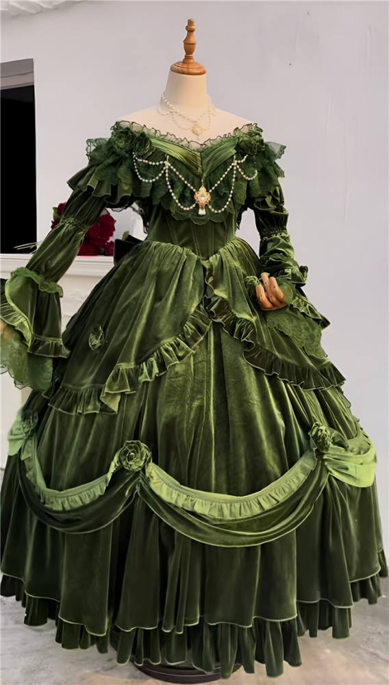 Meowing and Fruity Tana Manor Velvet Green Vintage Lolita Wedding Dress