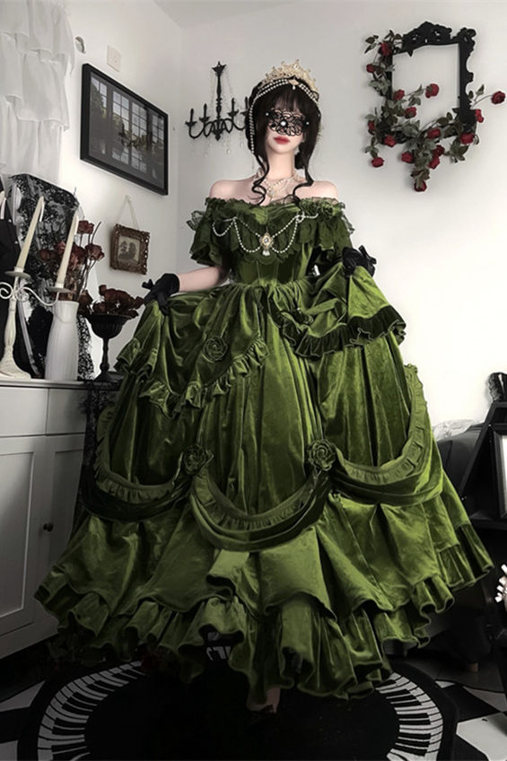 Meowing and Fruity Tana Manor Velvet Green Vintage Lolita Wedding Dress