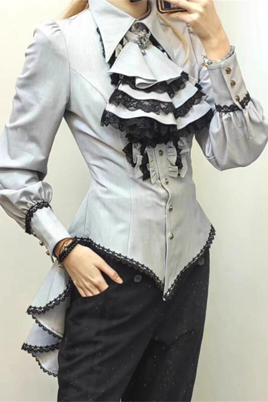 Little Dipper Gothic Ouji Lolita Blouse  Long Sleevees White Blouse white lace Size L Long Version - In Stock