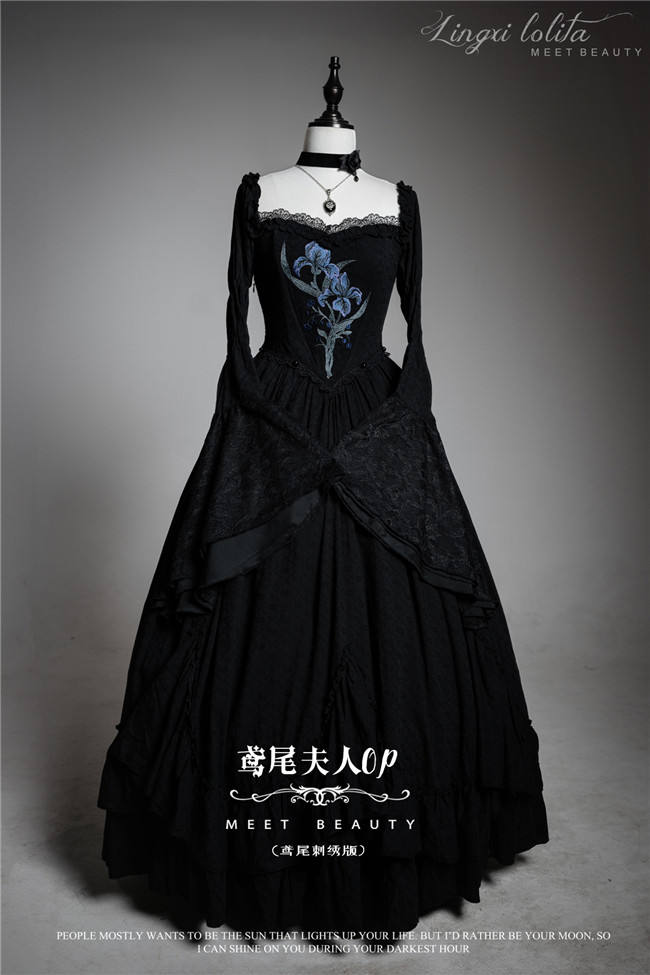 LingXi Black Iris Embroidery Gothic Lolita Dress, Lace Cape, Overskirt and Necklace