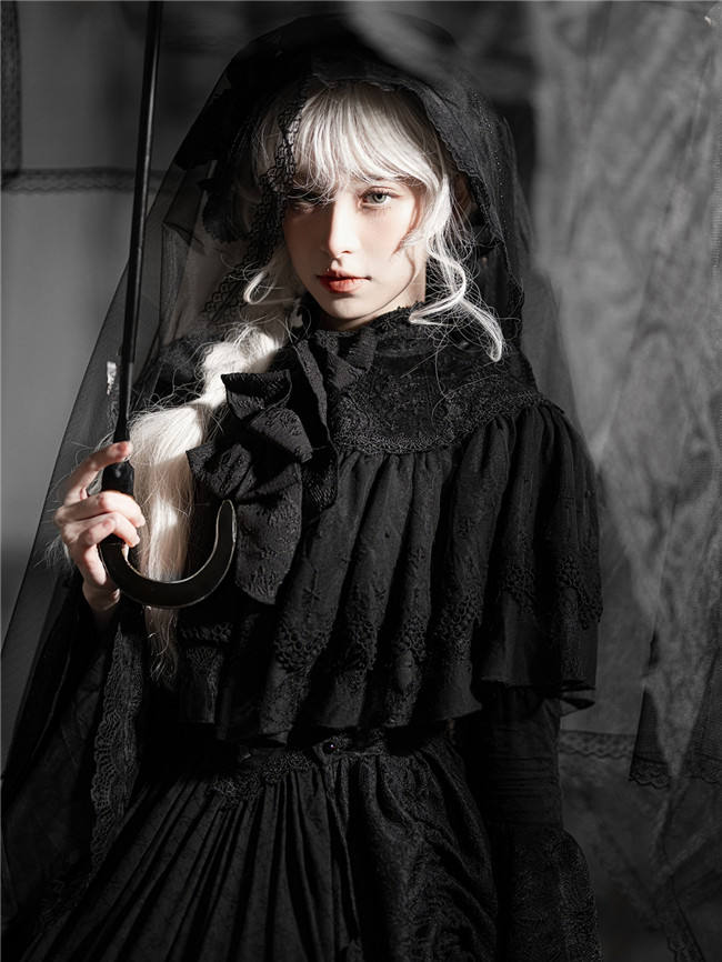 LingXi Black Iris Embroidery Gothic Lolita Dress, Lace Cape, Overskirt and Necklace