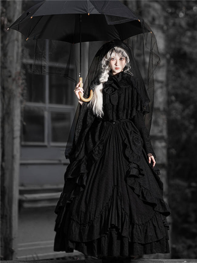 LingXi Black Iris Embroidery Gothic Lolita Dress, Lace Cape, Overskirt and Necklace
