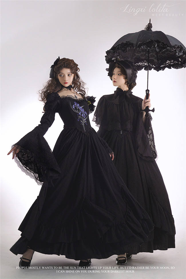 LingXi Black Iris Embroidery Gothic Lolita Dress, Lace Cape, Overskirt and Necklace
