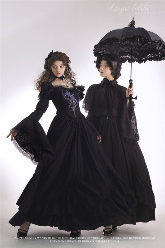 LingXi Black Iris Embroidery Gothic Lolita Dress, Lace Cape, Overskirt and Necklace