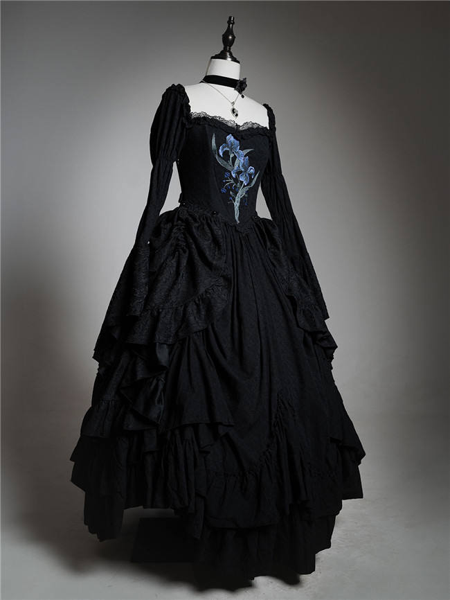 LingXi Black Iris Embroidery Gothic Lolita Dress, Lace Cape, Overskirt and Necklace