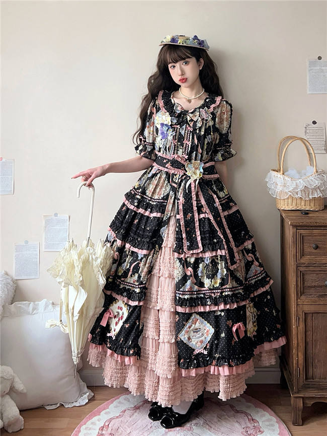 Miss Point Kitty and Rose Prints Lolita One Piece