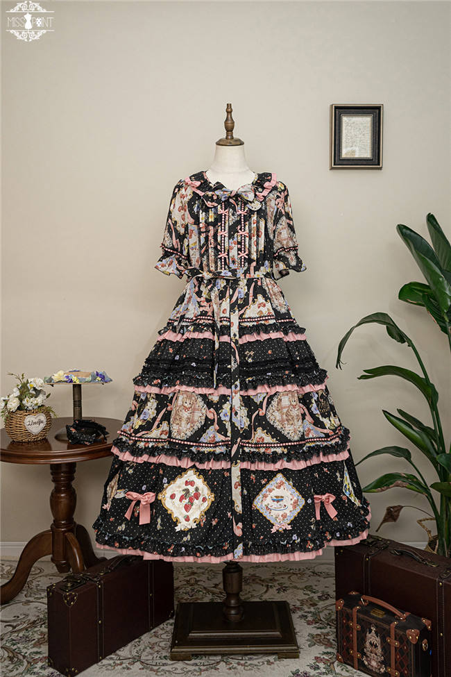 Miss Point Kitty and Rose Prints Lolita One Piece