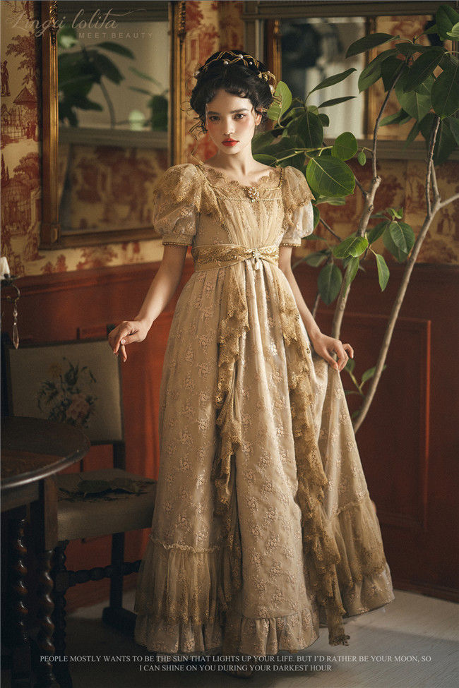 LingXi Lolita Rose in Time Golden Empire Dress - My Lolita Dress