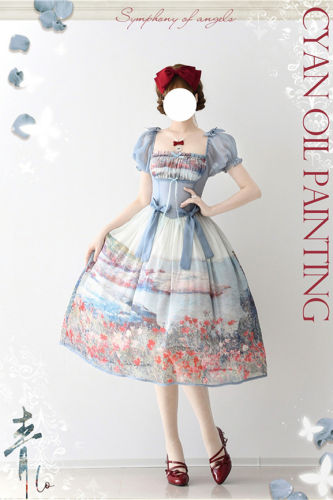Cyan Lolita Oil Painting Island Garden Lolita Dress