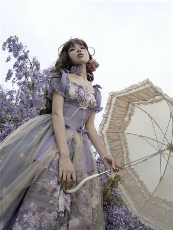 Cyan Lolita Oil Painting Floral Lolita One Piece