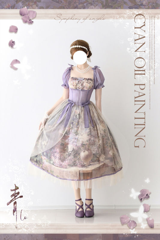 Cyan Lolita Oil Painting Floral Lolita One Piece