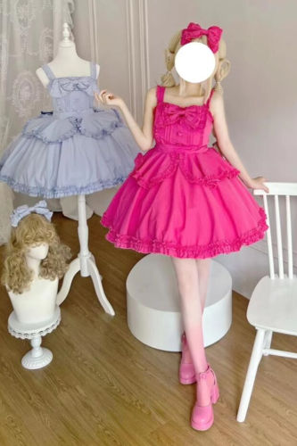Pink Plus Size Lolita Jumper Skirt, Headbow and Apron