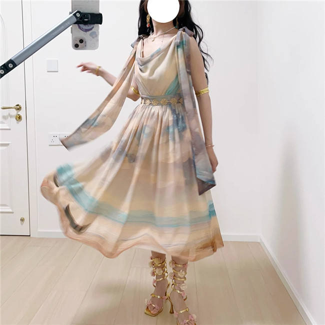 Miss Point Greek Inspired Heap Collar Print Dress