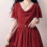 Miss Point Greek Inspired Heap Collar Solid Color Dress