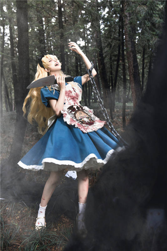 Your Highness Alice the Black Fairy Tale Lolita Dress and Apron Pale Blue Size L In Stock