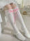 White Calf Socks with Dark Pink Silk Ribbon -46cm