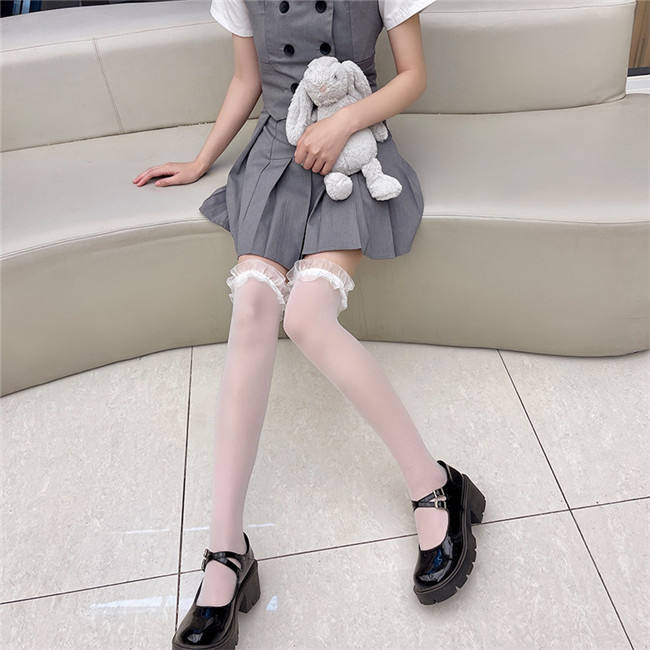 Black White Above Knee Lady Silk Socks