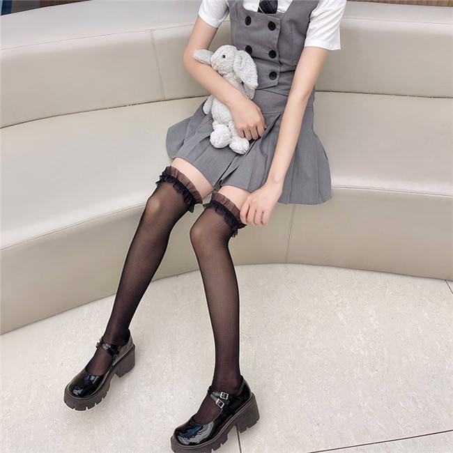 Black White Above Knee Lady Silk Socks