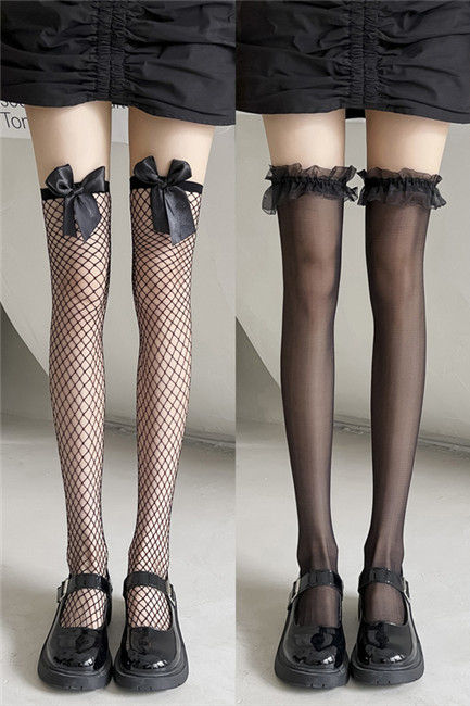 Black White Above Knee Lady Silk Socks