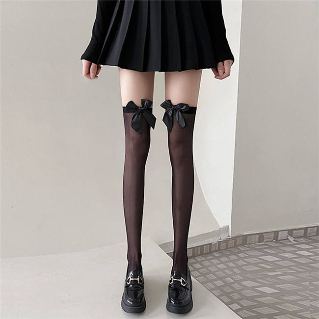 Black White Above Knee Lady Silk Socks