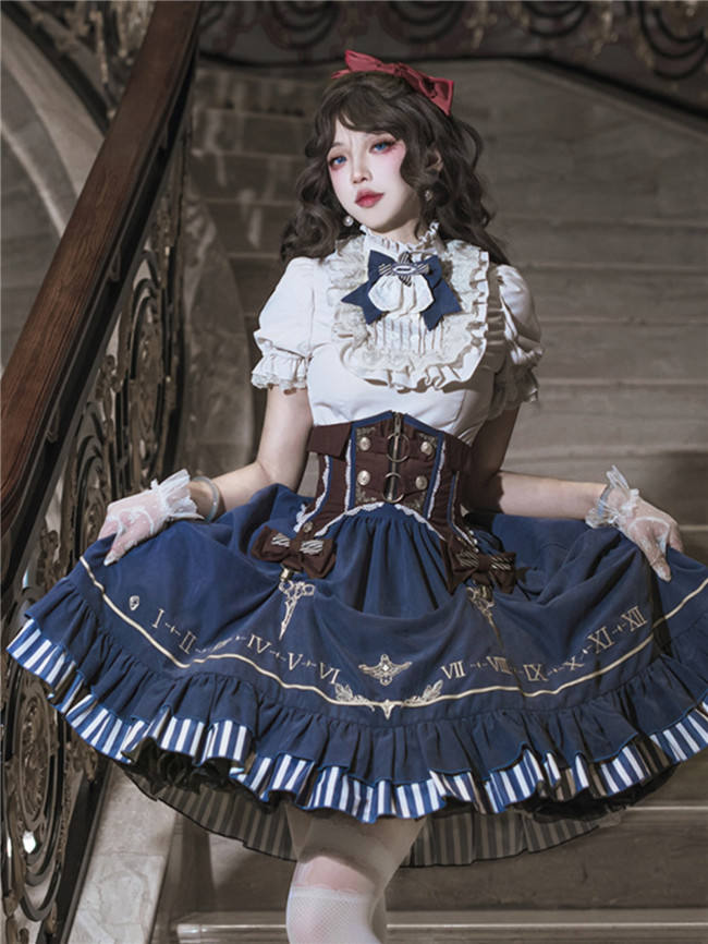 Blue Steam Punk Lolita Skirt, Blouse and Corset