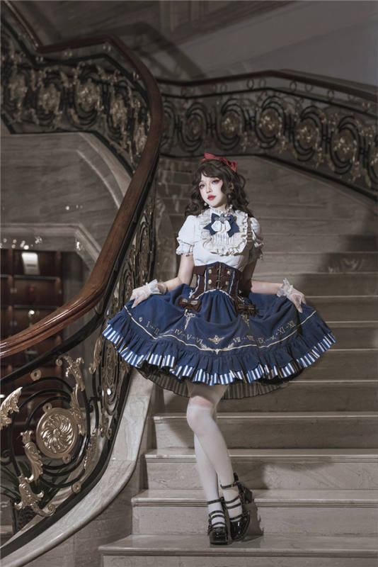 Blue Steam Punk Lolita Skirt, Blouse and Corset