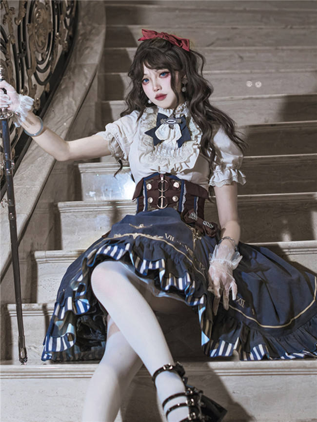Blue Steam Punk Lolita Skirt, Blouse and Corset