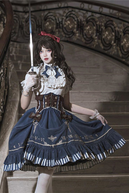 Blue Steam Punk Lolita Skirt, Blouse and Corset