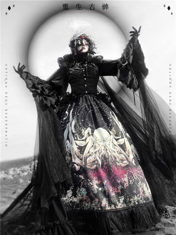 Antiqua Deus Regeneration Dark Black Gothic Lolita Skirt, Blouse, Corset and Train