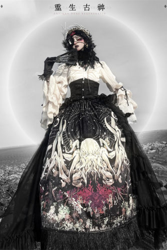 Antiqua Deus Regeneration Dark Black Gothic Lolita Skirt, Blouse, Corset and Train