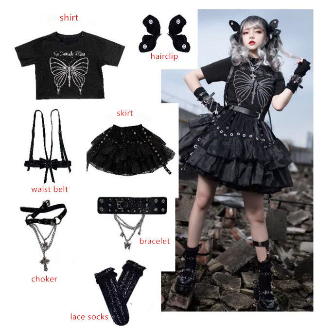 Butterfly Girl Punk Skirt, T-shirt  and  Accessories