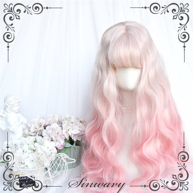 White Peach Pink Ombre Long Curly Lolita Wigs