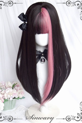 Black Pink Long Straight Lolita Wig