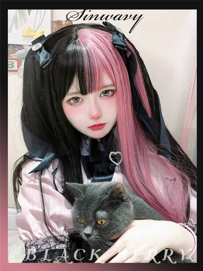Black Pink Long Straight Lolita Wig