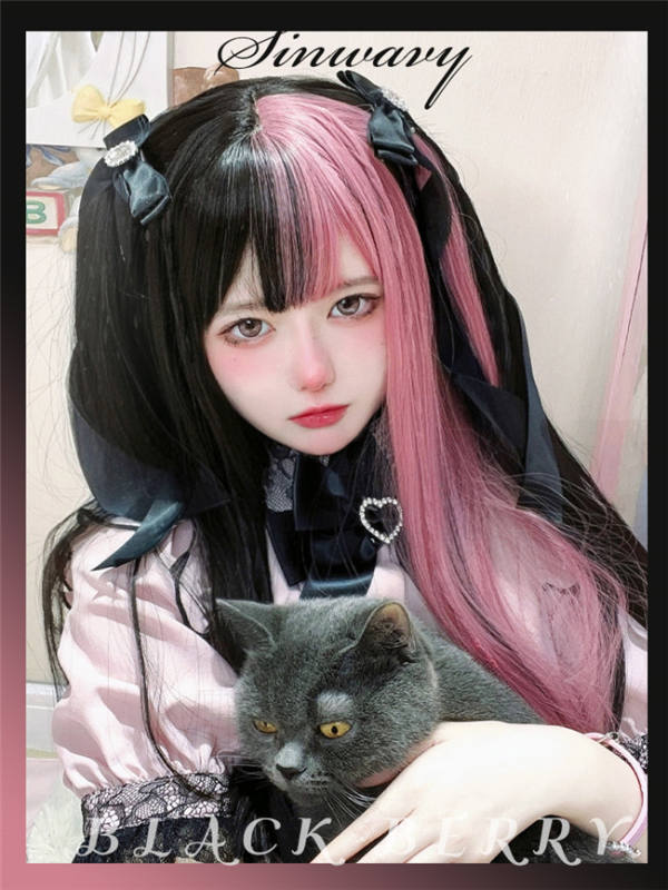 Black Pink Long Straight Lolita Wig